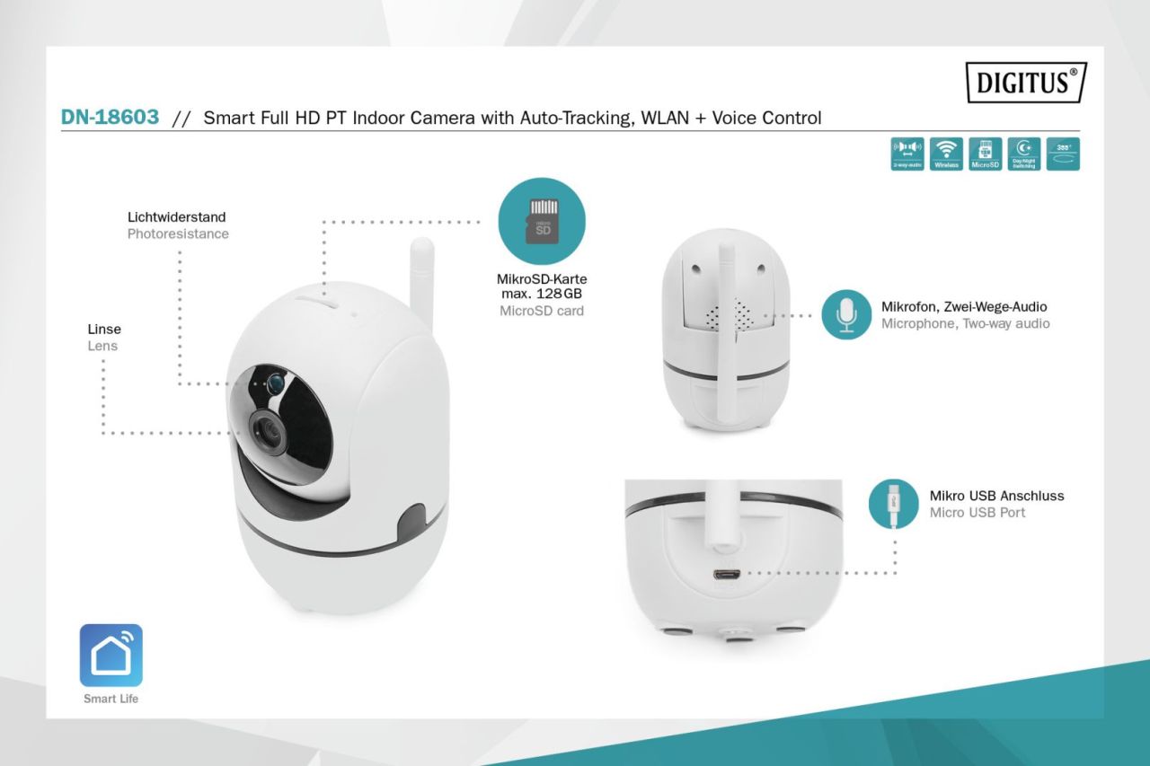 Digitus Smart Full HD PT Indoor Camera with Auto-Tracking WLAN + Voice Control