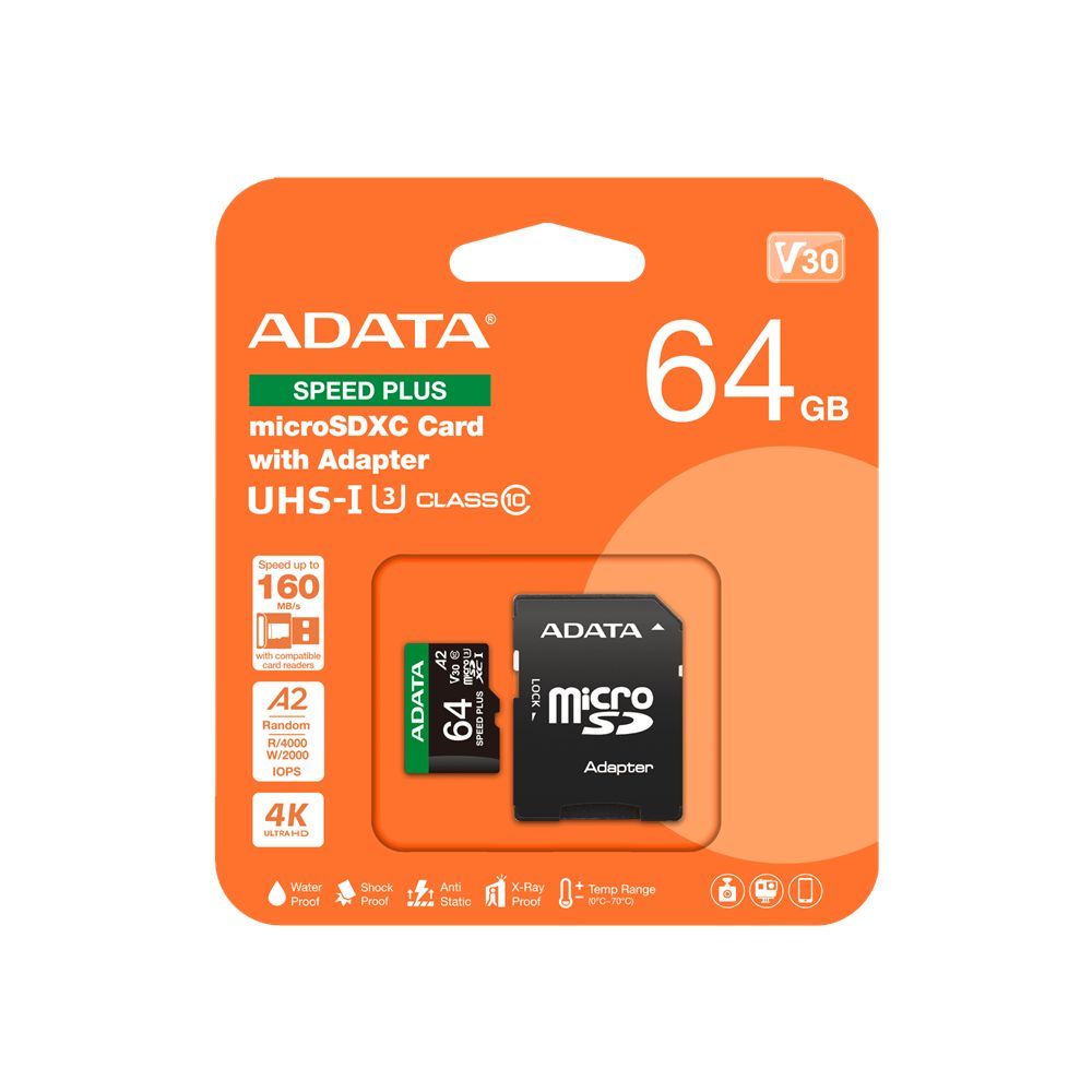 A-Data 64GB microSDXC Speed Plus Class 10 UHS-I U3 V30 + adapterrel