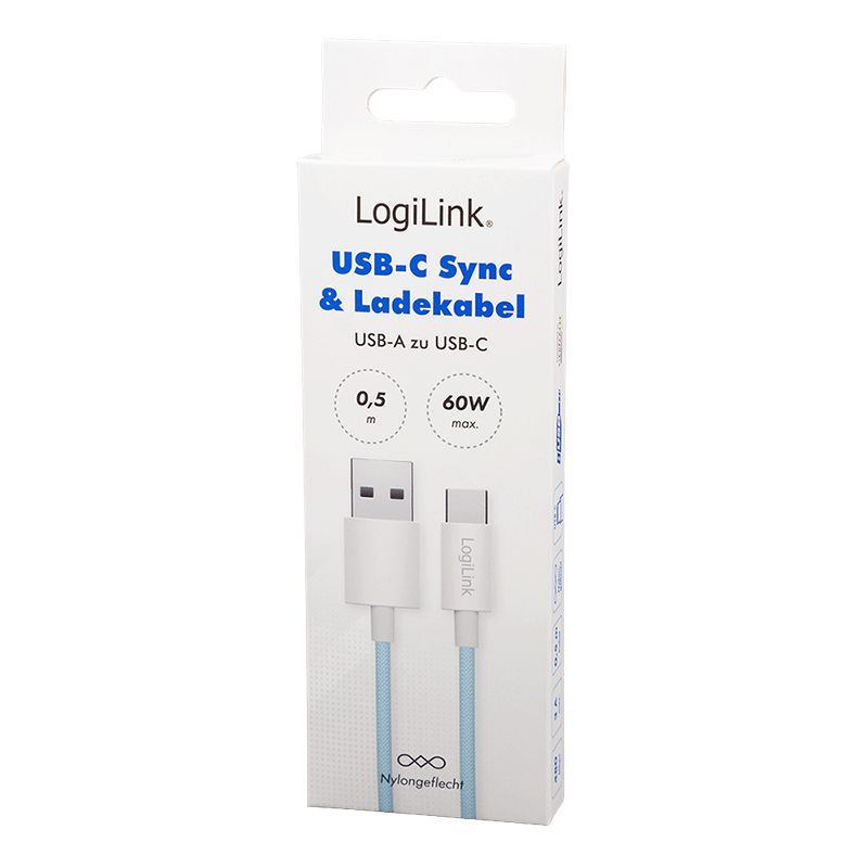 Logilink USB 2.0 C/M - A/M 60W cable 0,5m Blue Logilink USB 2.0 C/M - A/M 60W cable 0,5m Blue