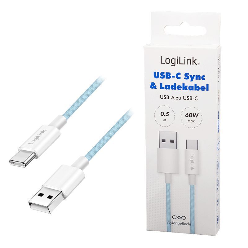 Logilink USB 2.0 C/M - A/M 60W cable 0,5m Blue Logilink USB 2.0 C/M - A/M 60W cable 0,5m Blue