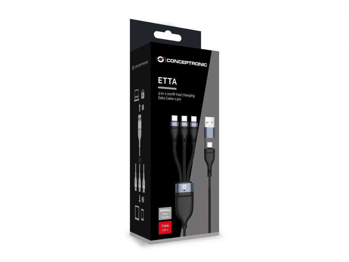 Conceptronic ETTA06B15C 3-in-1 100W Fast Charging Data Cable Black