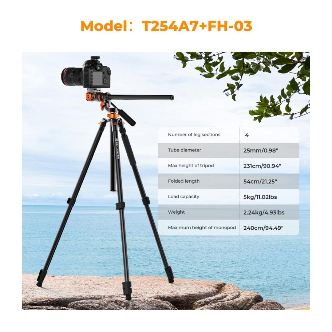 K&F Concept T254A7 Tripod + FH-03 fluid head Black