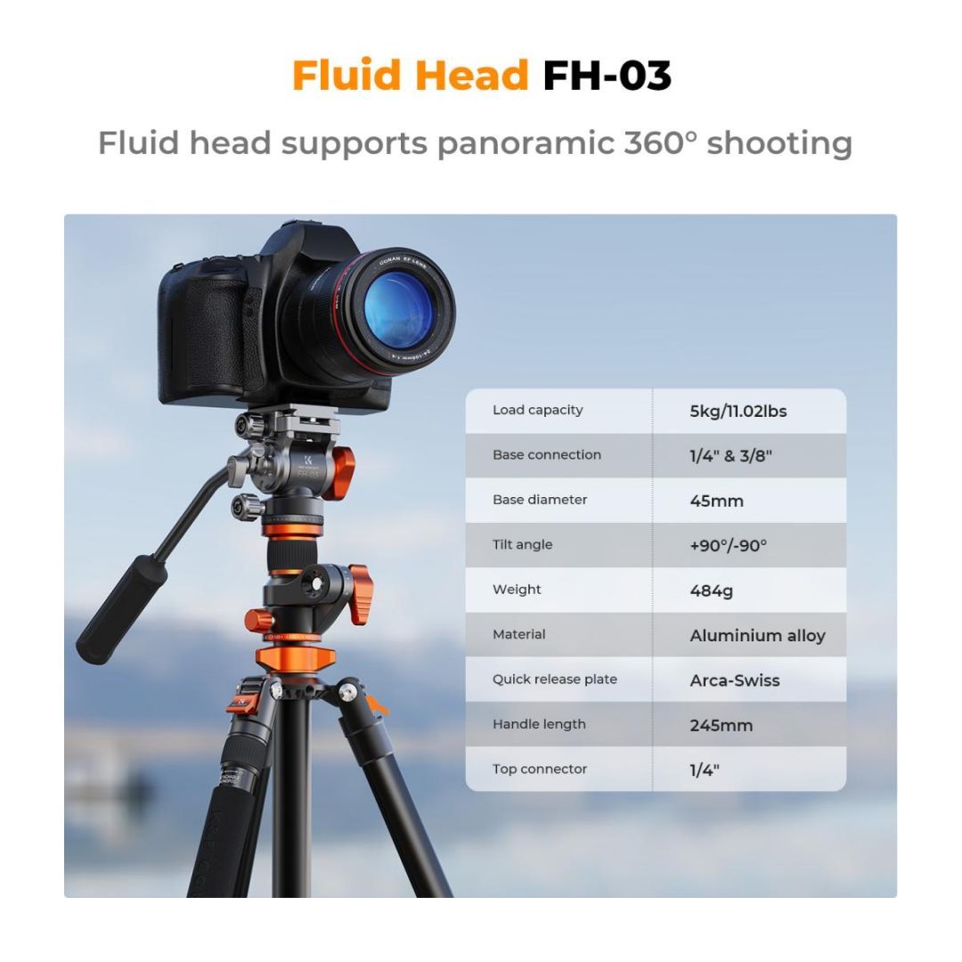 K&F Concept T254A7 Tripod + FH-03 fluid head Black