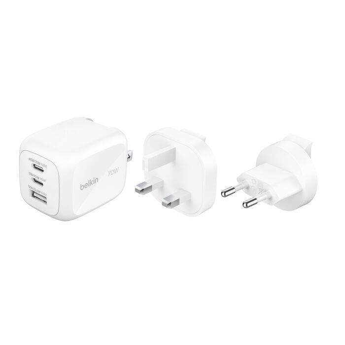 Belkin 3-Port GaN Wall Charger 70W+Travel Adapter Kit White