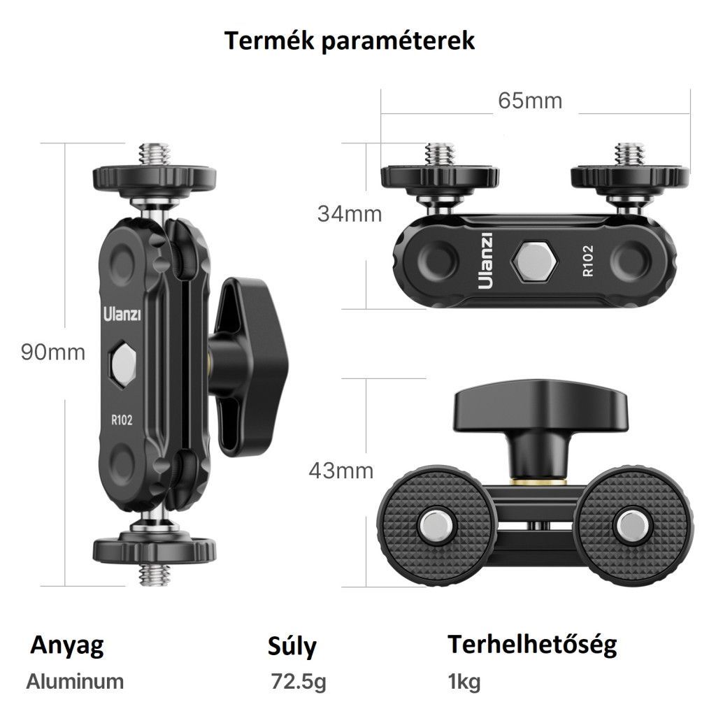 Ulanzi R102 kétfejű bilincs, mindkét oldalon 1/4-es csavarral