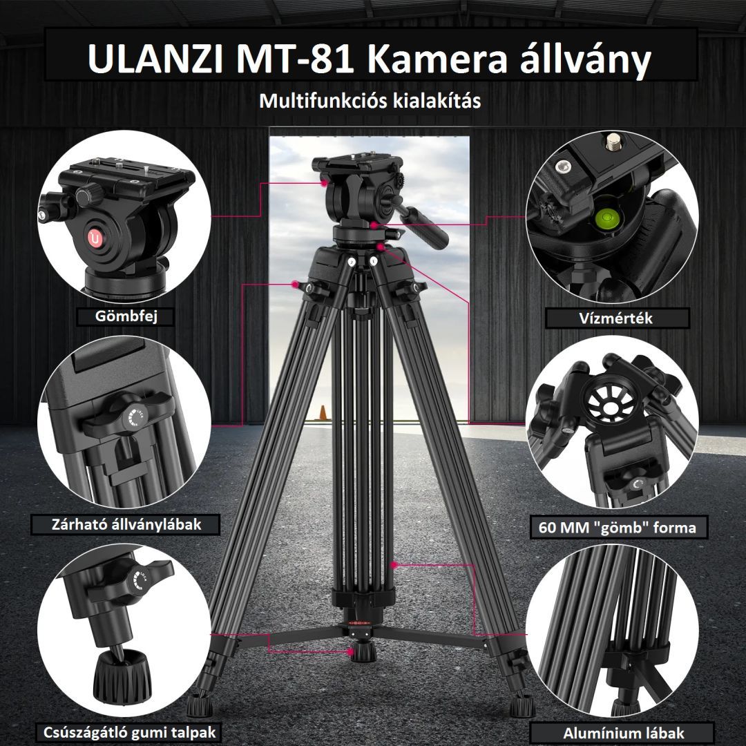 Ulanzi MT-81, T080GBB1 nagy teherbírású videó állvány, fluid videófejjel Ulanzi MT-81, T080GBB1 nagy teherbírású videó állvány, fluid videófejjel
