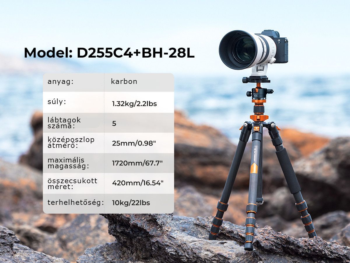 K&F Concept D255C4+BH-28L karbon állvány + monopod + telefon adapter, fekete-narancs