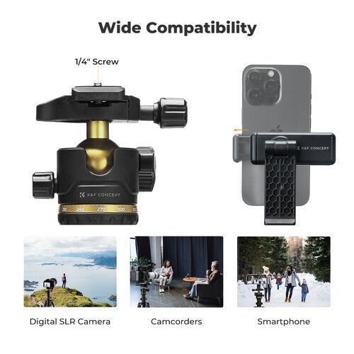 K&F Concept K234A0 állvány BH-28L gömbfej, 163cm magasság, 8kg teherbírás, telefontartóval