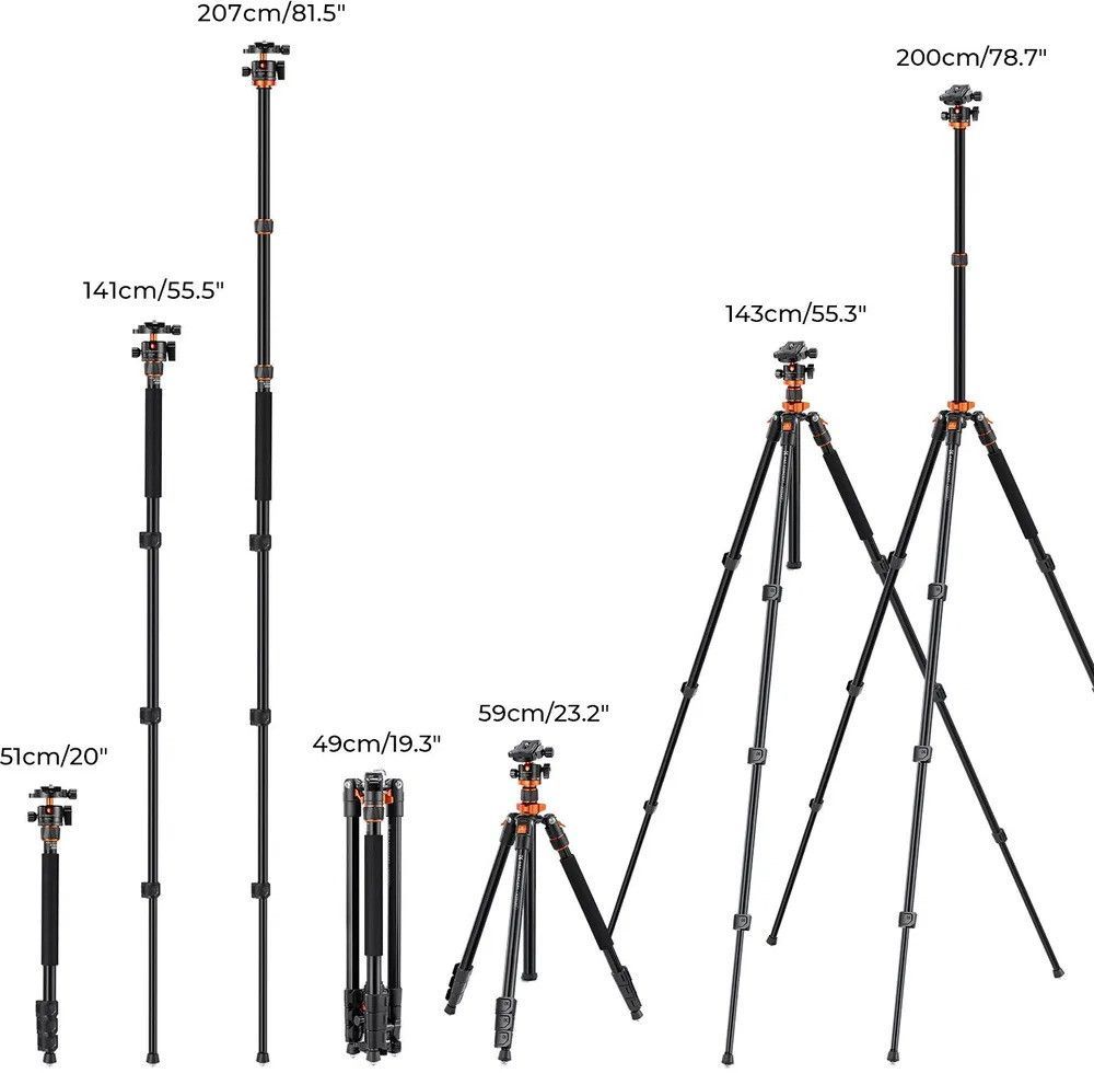 K&F Concept KF-09-087V6 K234A7+BH-28L állvány + monopod, elforgatható középoszloppal, fekete-narancs