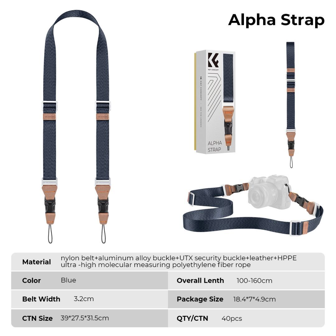 K&F Concept lapos nyakpánt gyorskioldó csattal, 3,2cm x 100-160cm, kék