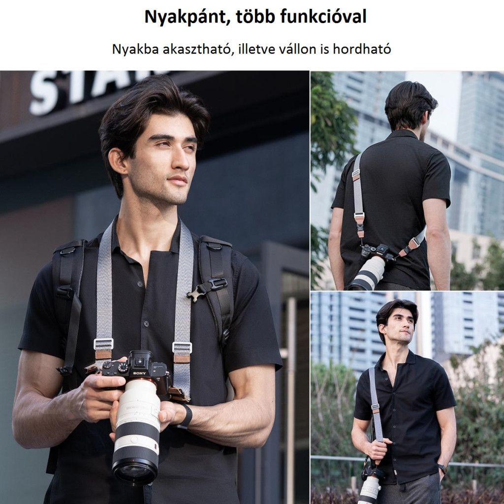 K&F Concept lapos nyakpánt gyorskioldó csattal, 3,2cm x 100-160cm, szürke