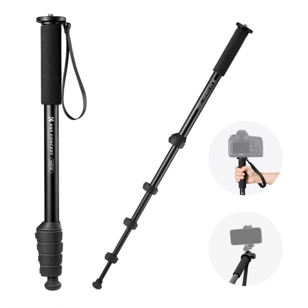 K&F Concept monopod, 160cm, aluminium, 1/4" és 3/8" csatlakozás csuklópánt, fekete