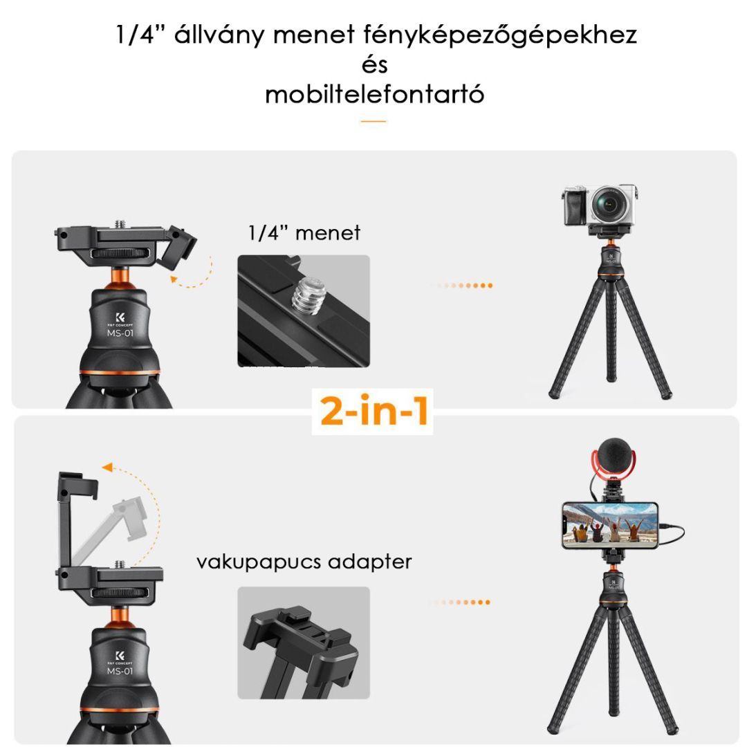K&F Concept MS-01 hajlítható lábú állvány, gömbfejjel, bluetooth kioldóval