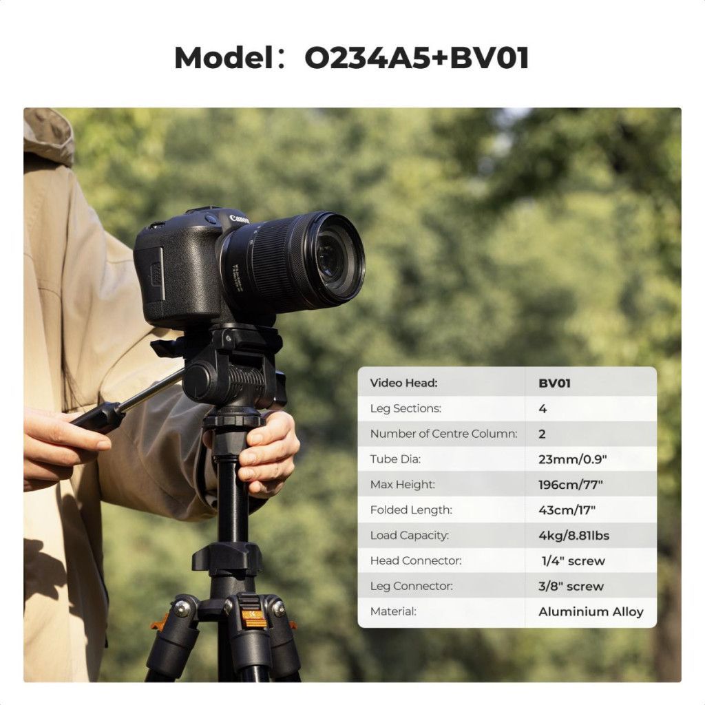 K&F Concept O234A0+BV01 állvány, 196cm magasság, 4kg teherbírás, telefonadapter