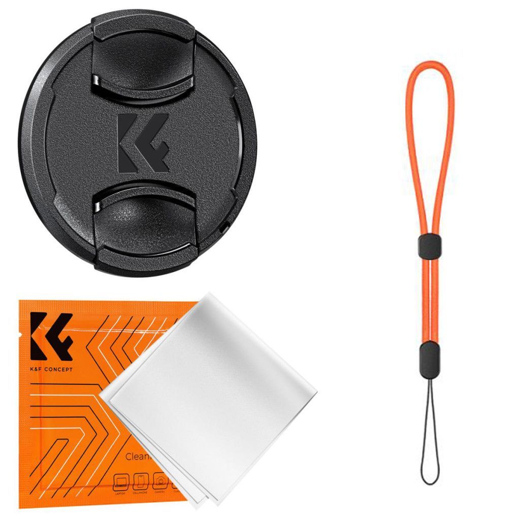 K&F Concept objektívvédő sapka zsinórral + törlőkendő, 67mm