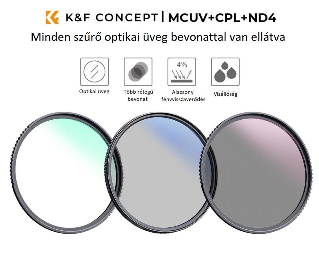 K&F Concept Professzionális szűrő szett + szűrőtartó tok (UV+CPL+ND4) 62mm