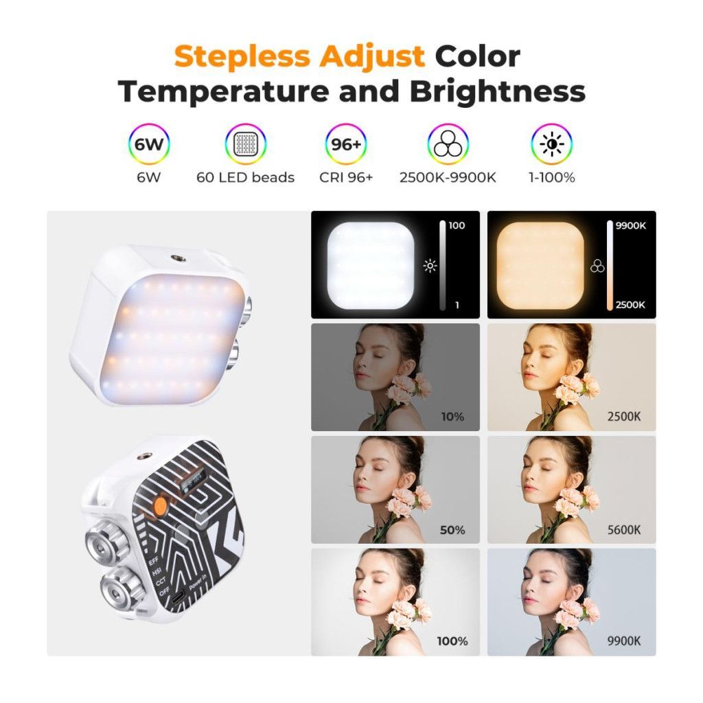 K&F Concept RGB LED lámpa, 2500-9900K, CRI 96+, 2000mAh, 21 fényeffekt, fehér