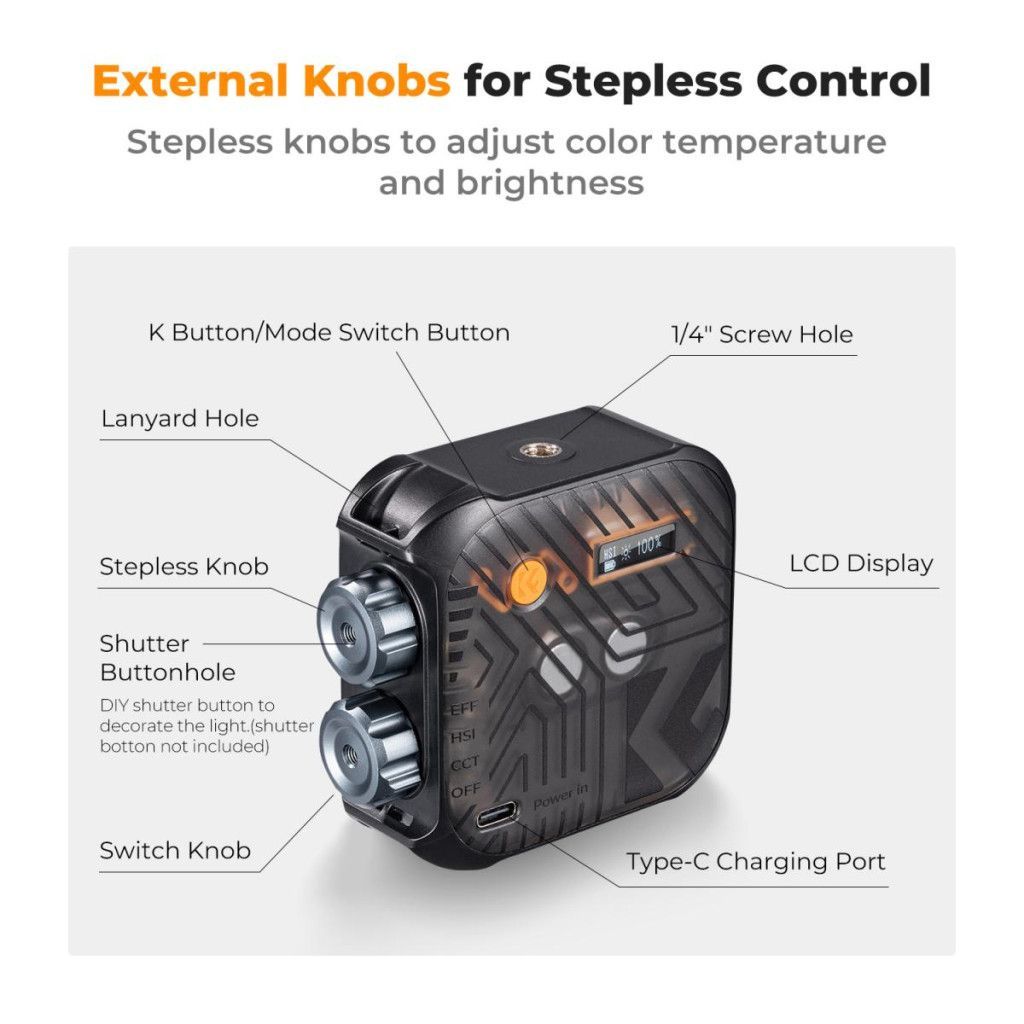 K&F Concept RGB LED lámpa, 2500-9900K, CRI 96+, 2000mAh, 21 fényeffekt, fekete