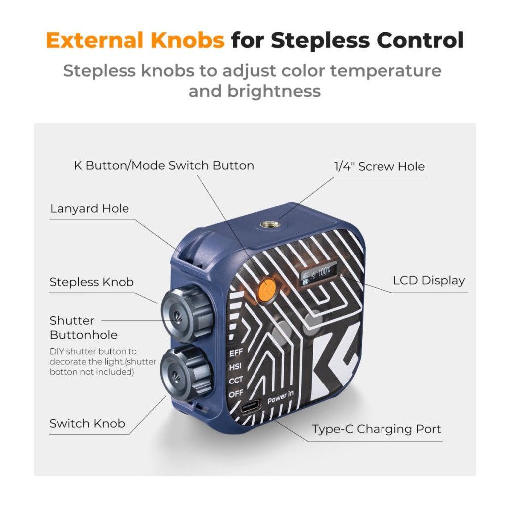 K&F Concept RGB LED lámpa, 2500-9900K, CRI 96+, 2000mAh, 21 fényeffekt, kék