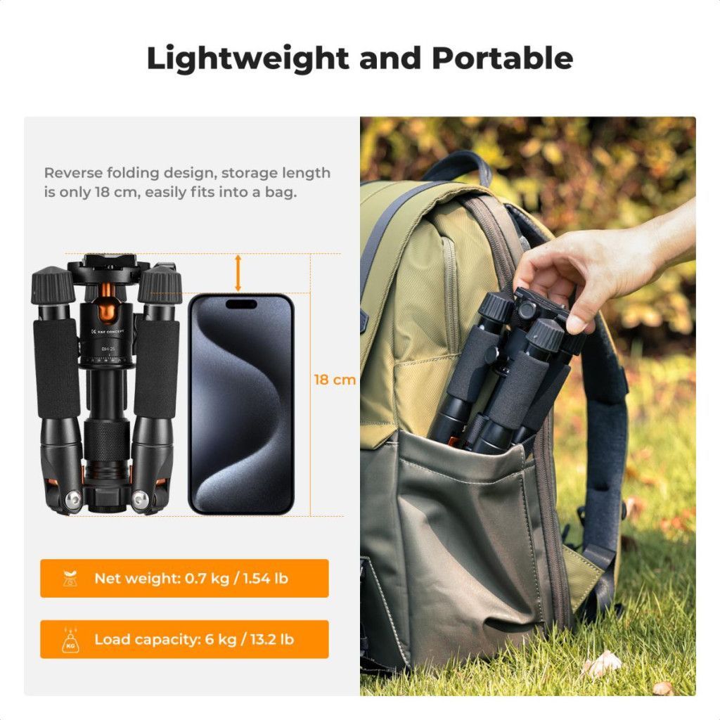 K&F Concept S225A1+BH-25 mini állvány, 52cm max magasság, 6kg teherbírás