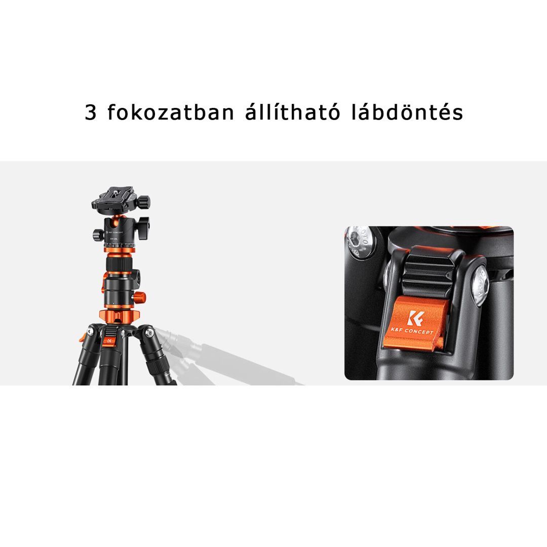 K&F Concept T254A7+BH-28L állvány + monopod, elforgatható középoszloppal, fekete-narancs