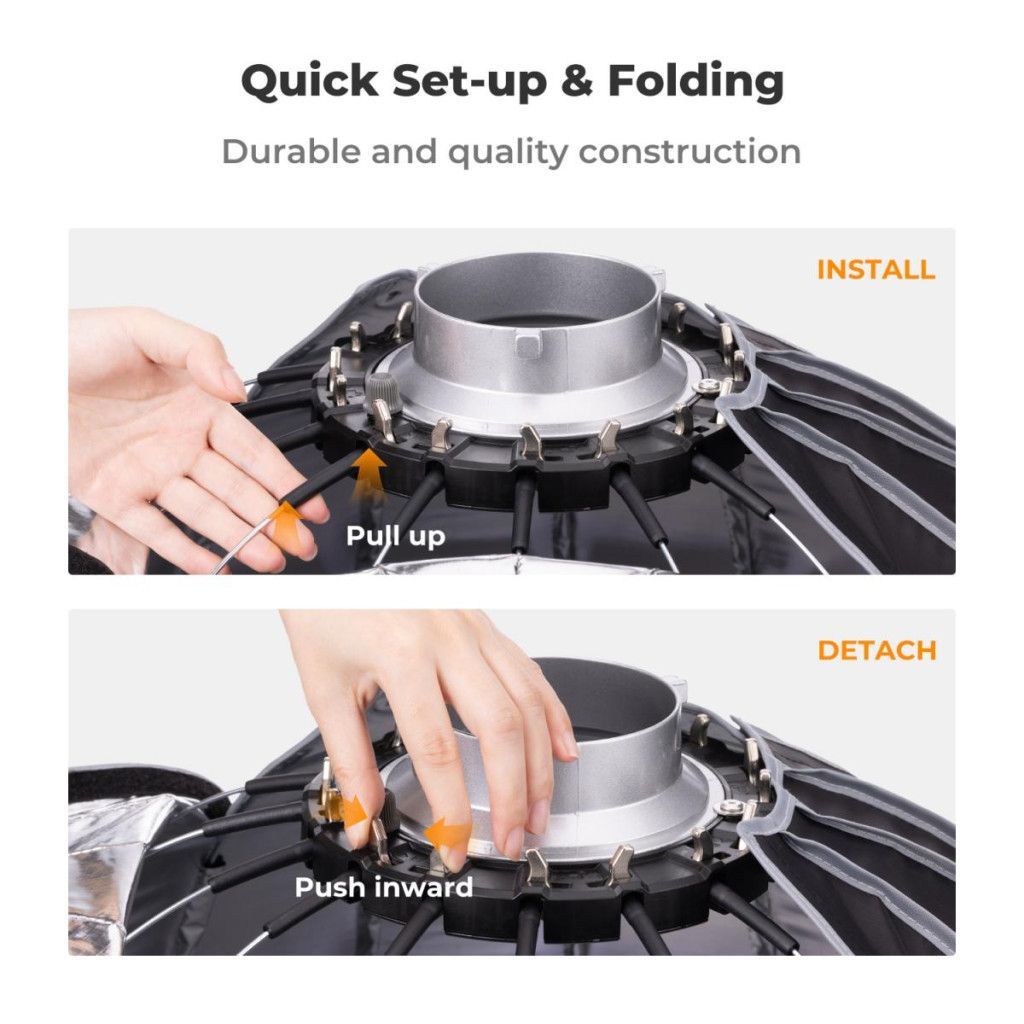 K&F Concept 60cm átmérőjű, parabolic softbox, gyorscsatlakozás, méhsejt rács, Bowens csatlakozás