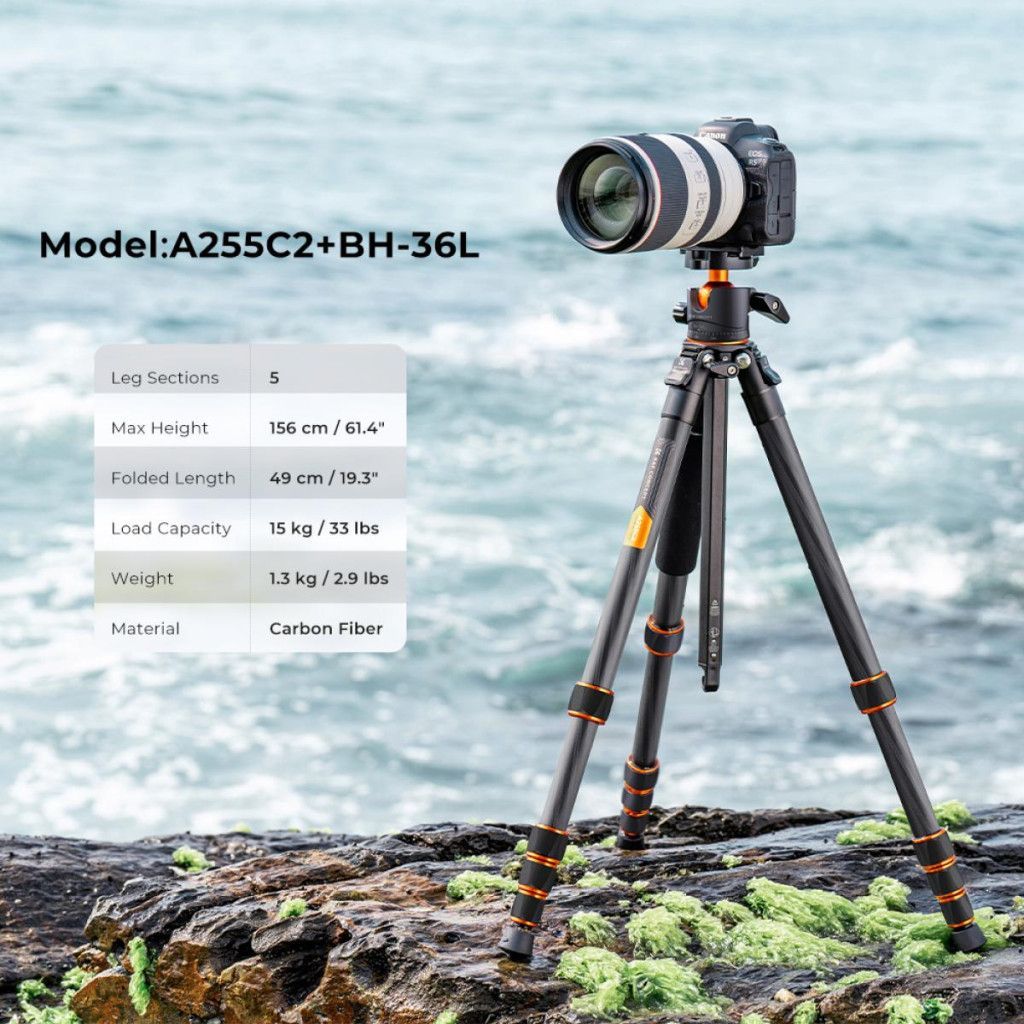 K&F Concept A255C2+BH-36L karbon állvány, 156cm magasság, 15kg teherbírás