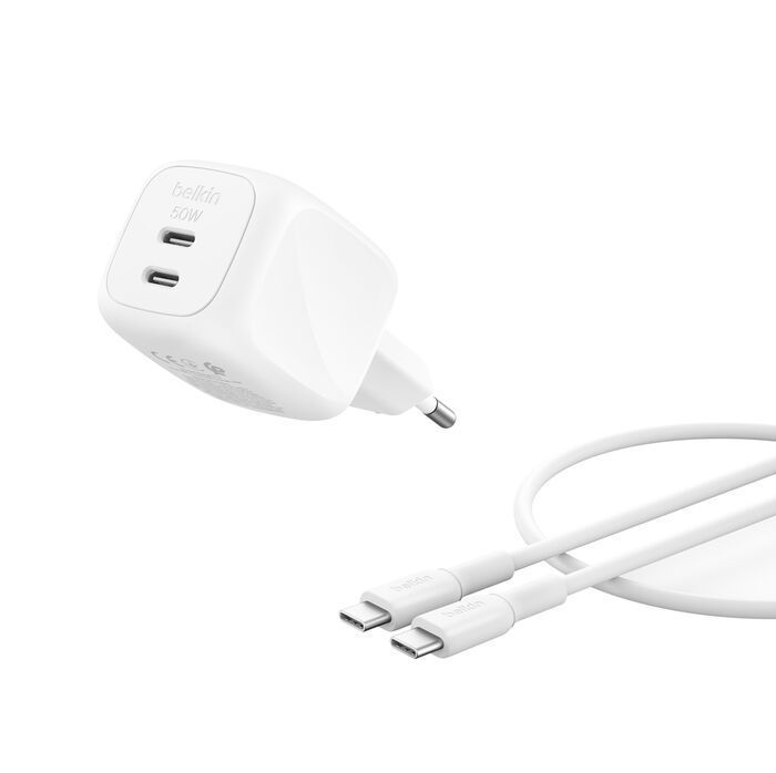 Belkin BoostCharge Pro 2-Port USB-C 50W Adapter White