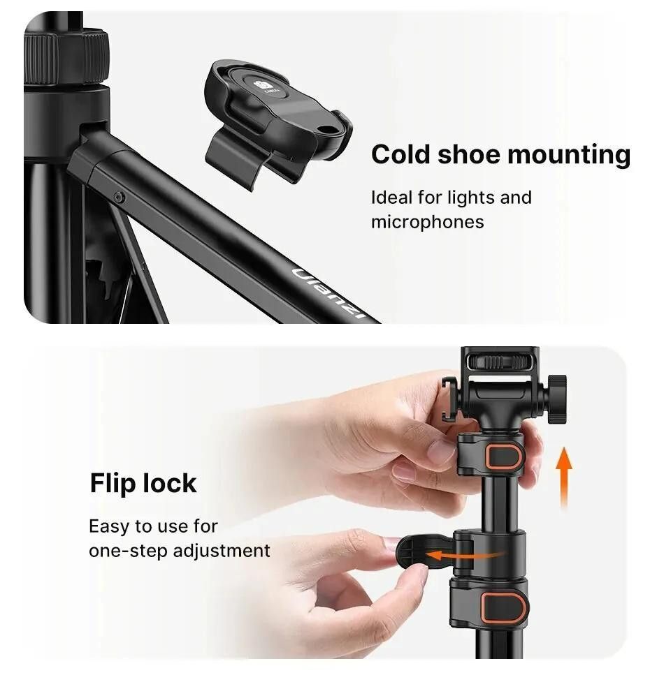 Ulanzi ZB64Z selfie állvány, monopod, telefontartó és bluetooth adapter, 160cm max magasság, fekete