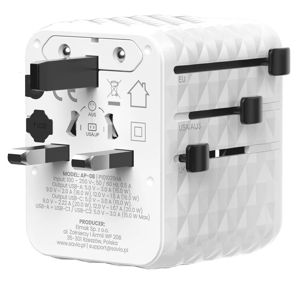 Savio AP-08 Universal travel adapter 20W White Savio AP-08 Universal travel adapter 20W White