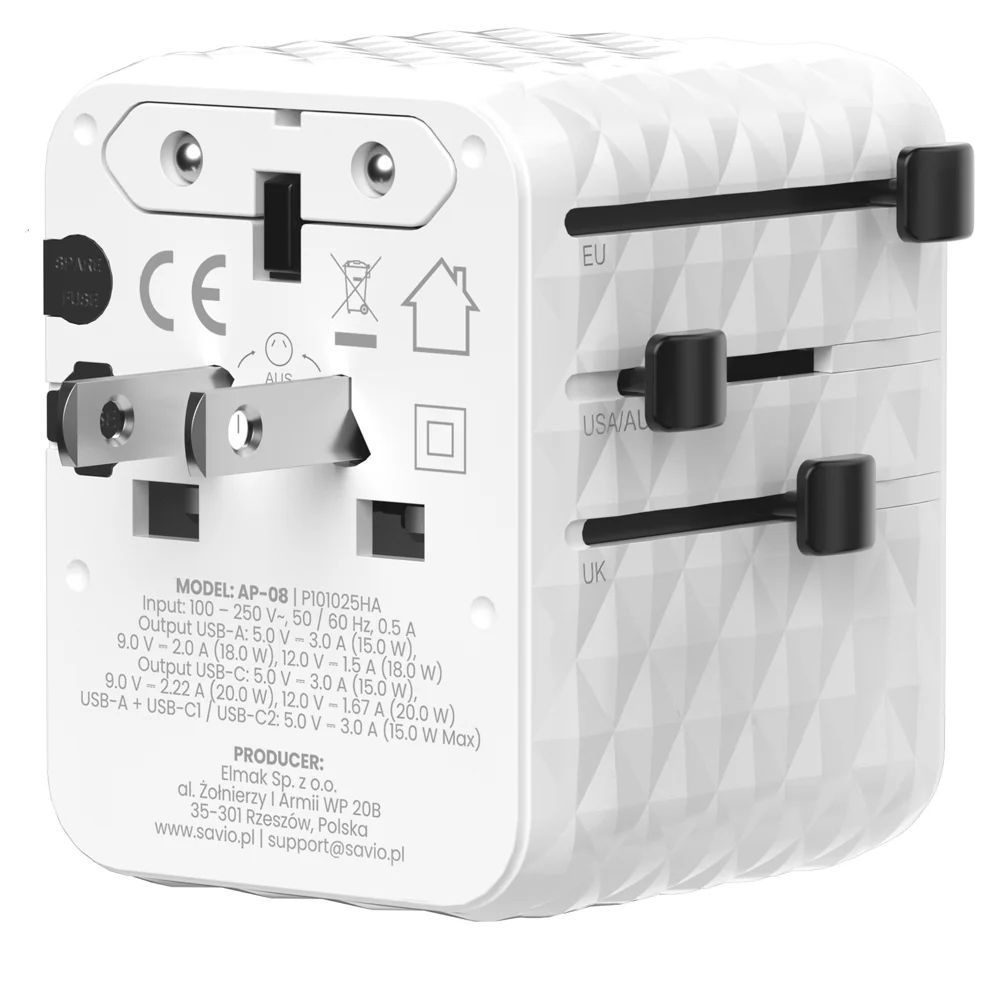 Savio AP-08 Universal travel adapter 20W White Savio AP-08 Universal travel adapter 20W White
