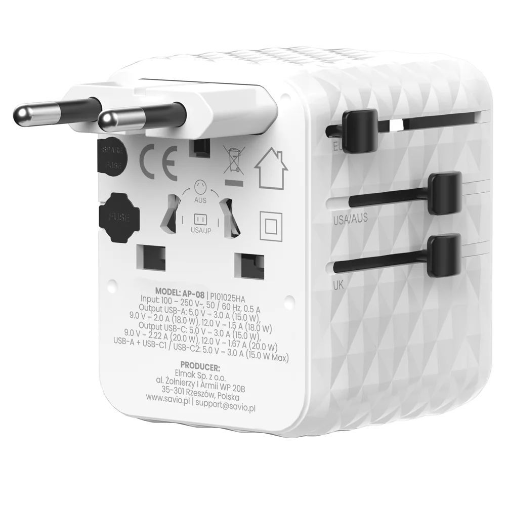 Savio AP-08 Universal travel adapter 20W White Savio AP-08 Universal travel adapter 20W White