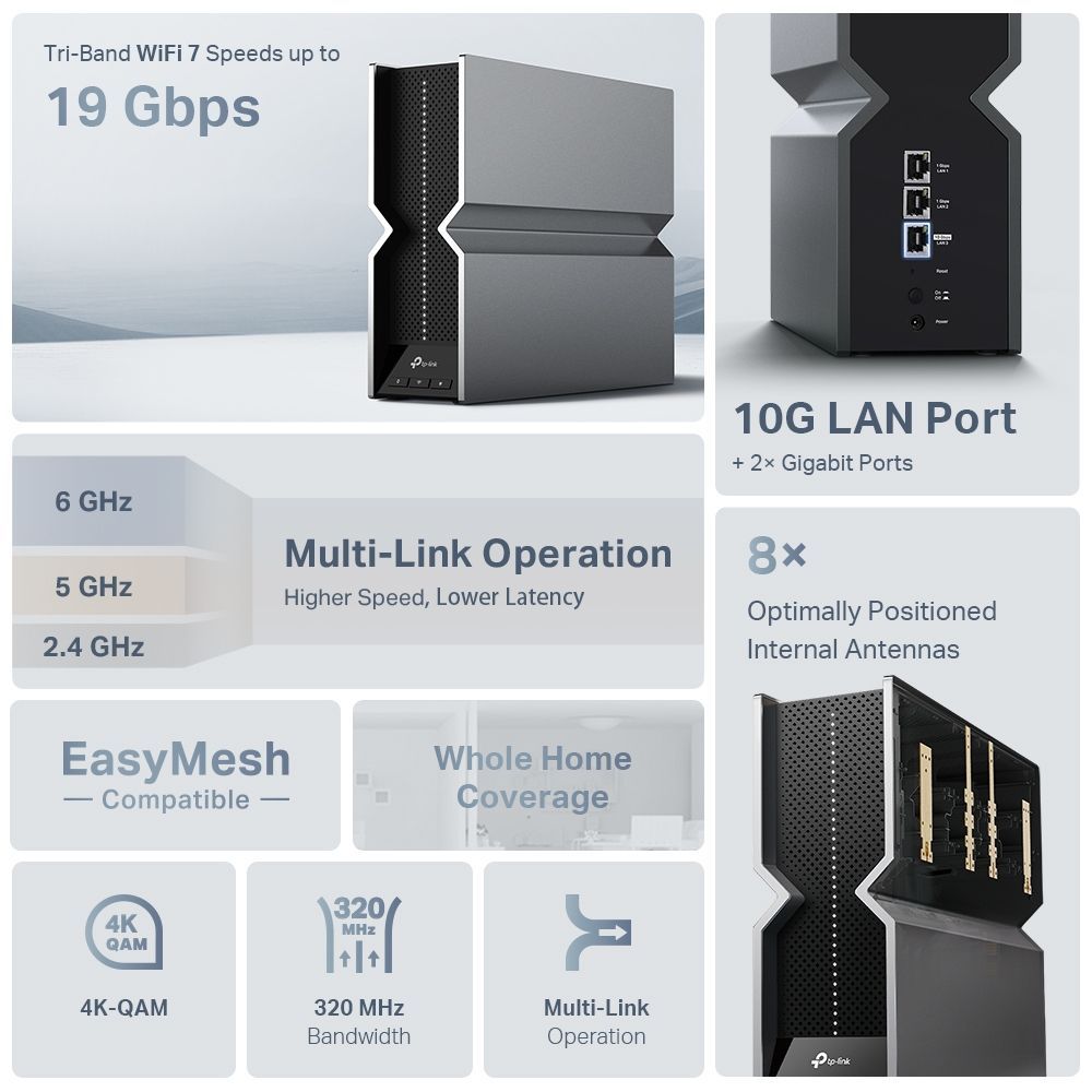 TP-Link RE800BE BE19000 Tri-Band Wi-Fi 7 Range Extender