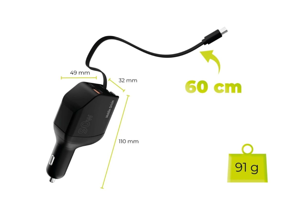 Mobile Origin 90W Car Charger CA22 USB-C + USB-A, 2x USB-C Cable Black