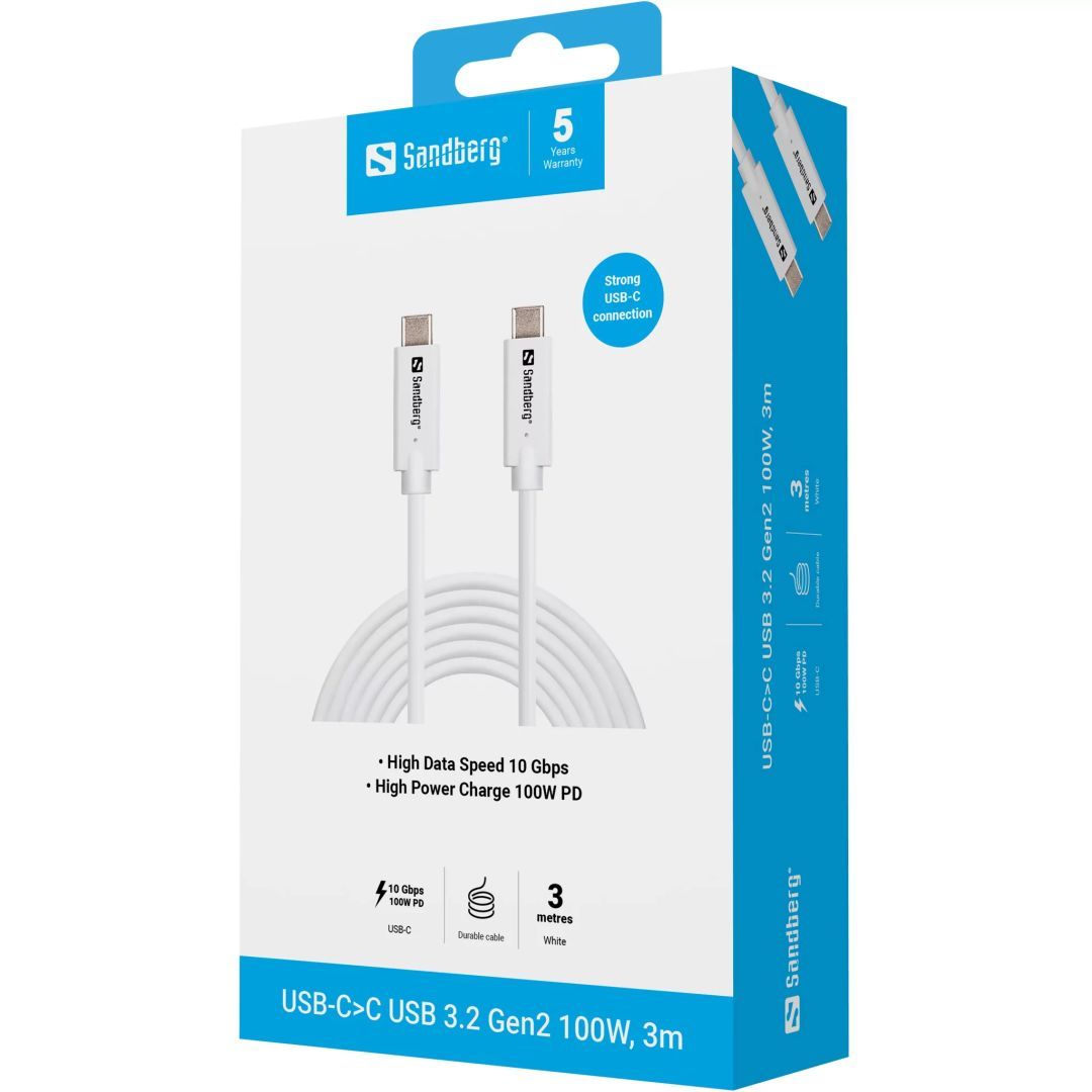 Sandberg USB3.2 USB-C to USB-C cable 3m White