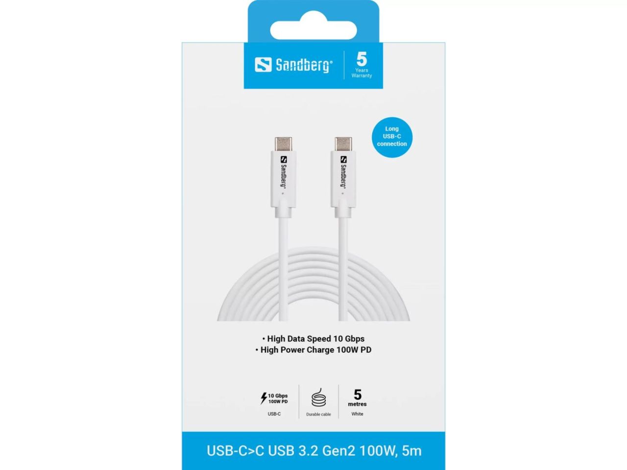 Sandberg USB3.2 USB-C to USB-C cable 5m White
