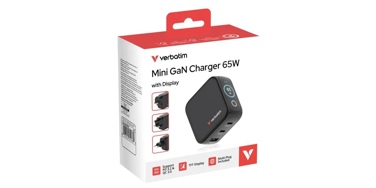 Verbatim Mini GaN Charger 3 Port 65W with Display (EU/UK/US) Black Verbatim Mini GaN Charger 3 Port 65W with Display (EU/UK/US) Black