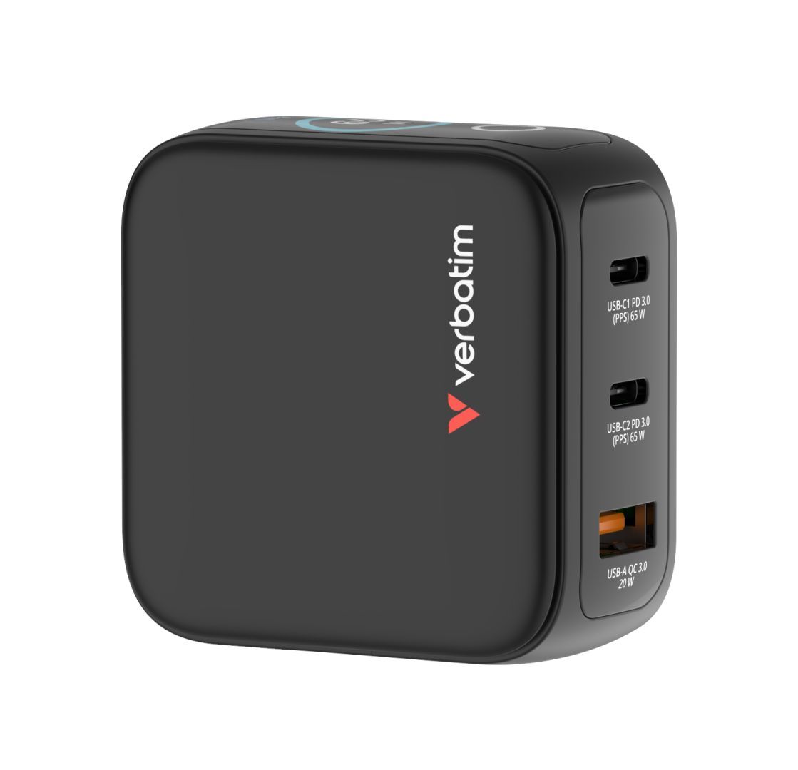 Verbatim Mini GaN Charger 3 Port 65W with Display (EU/UK/US) Black Verbatim Mini GaN Charger 3 Port 65W with Display (EU/UK/US) Black