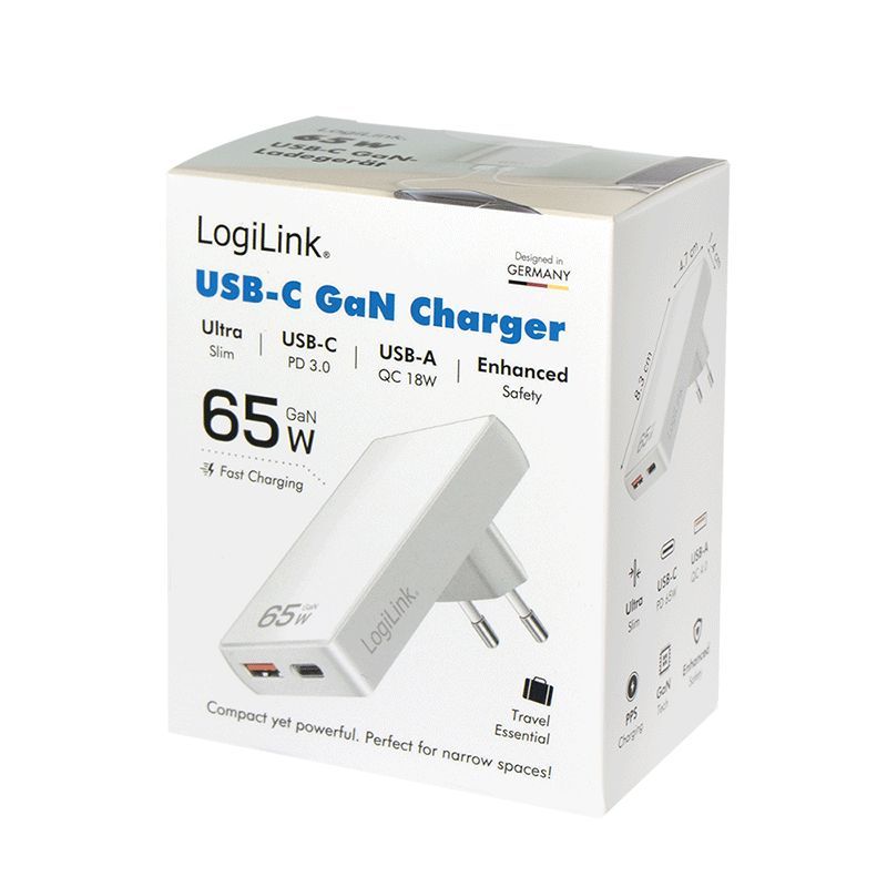 Logilink extra slim USB-A, USB-C 65W adapter White