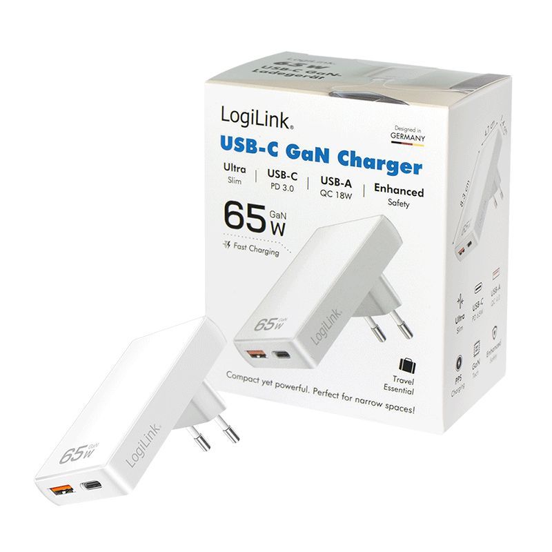 Logilink extra slim USB-A, USB-C 65W adapter White