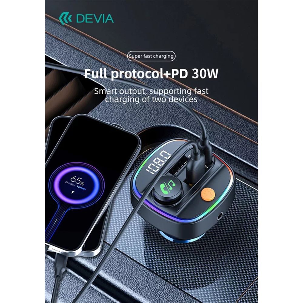 Devia Bluetooth FM-transmitter autós gyorstöltő 30W PD+QC Black Devia Bluetooth FM-transmitter autós gyorstöltő 30W PD+QC Black