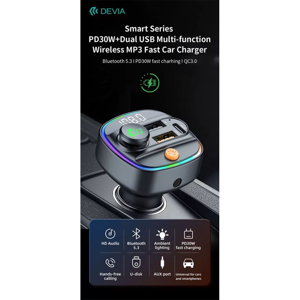Devia Bluetooth FM-transmitter autós gyorstöltő 30W PD+QC Black Devia Bluetooth FM-transmitter autós gyorstöltő 30W PD+QC Black