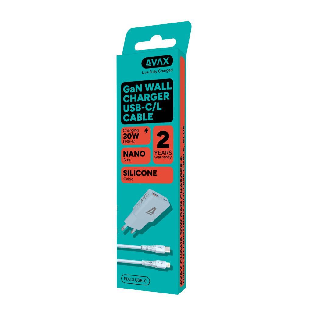 Avax CH6416 GaN charger with USBC-C to Lightning cable Blue