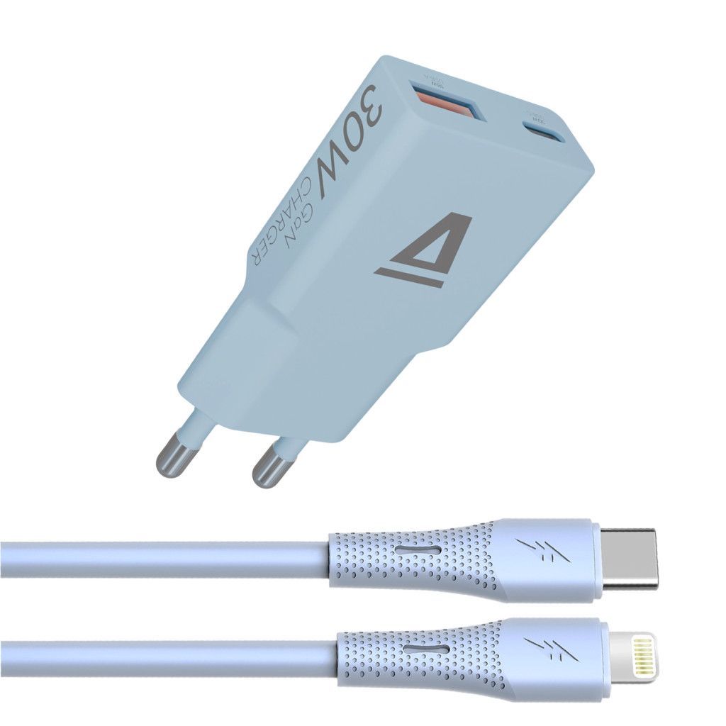 Avax CH6416 GaN charger with USBC-C to Lightning cable Blue