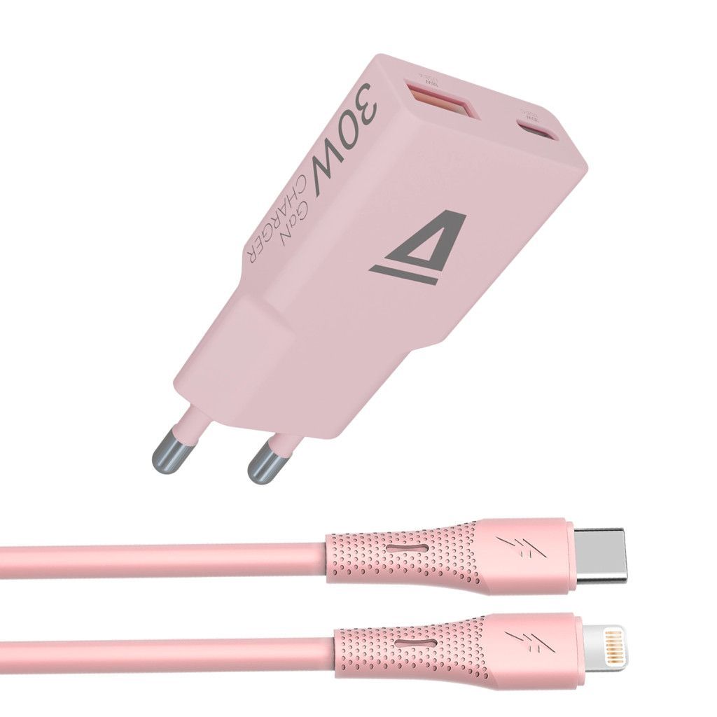 Avax CH6418 GaN charger with USBC-C to Lightning cable Pink