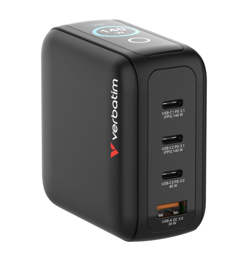 Verbatim Mini GaN Charger with Display 140W 4-Port Black Verbatim Mini GaN Charger with Display 140W 4-Port Black