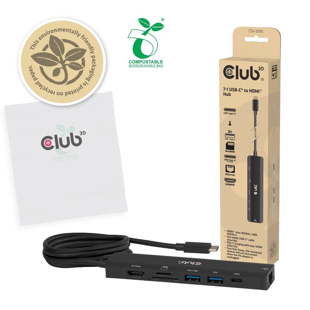 Club3D CSV-2555 7-1 USB-C to HDMI Hub 4K60Hz PD3.1 140W 1m Club3D CSV-2555 7-1 USB-C to HDMI Hub 4K60Hz PD3.1 140W 1m
