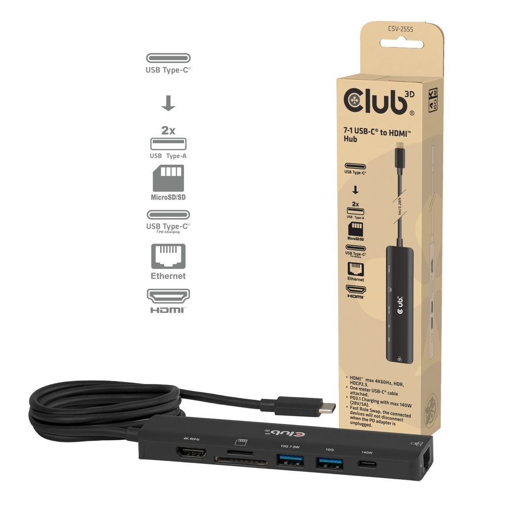 Club3D CSV-2555 7-1 USB-C to HDMI Hub 4K60Hz PD3.1 140W 1m Club3D CSV-2555 7-1 USB-C to HDMI Hub 4K60Hz PD3.1 140W 1m