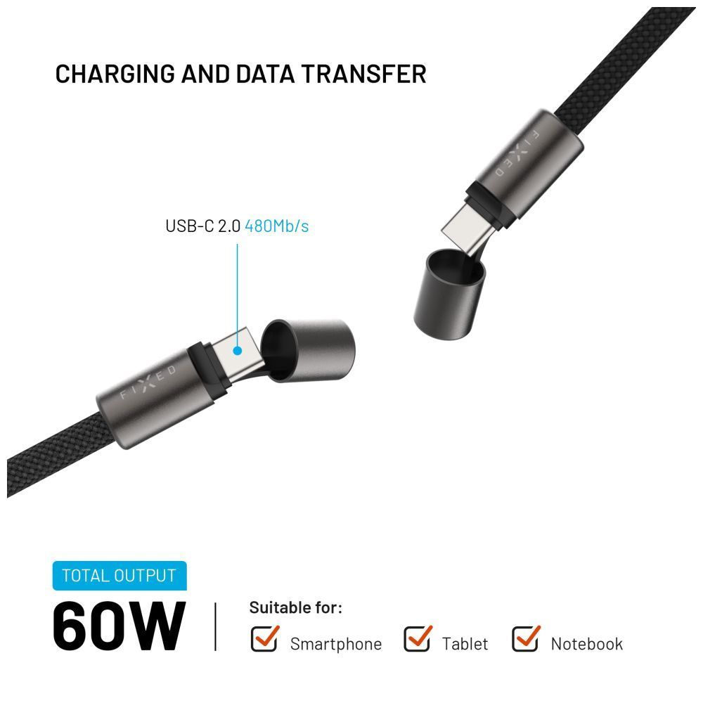 FIXED Nyakkábel USB-C/USB-C 1,6m PD 60W, fekete