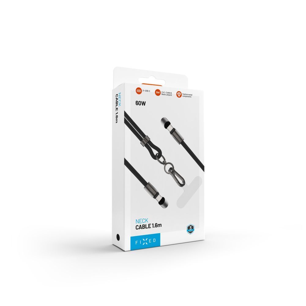 FIXED Nyakkábel USB-C/USB-C 1,6m PD 60W, fekete
